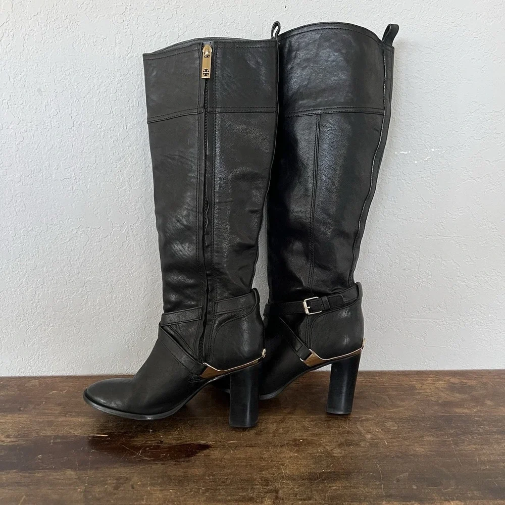 Tory‎ Burch Livingston Leather Riding Boot Black Equestrian Heel Tall Buckle 7.5
